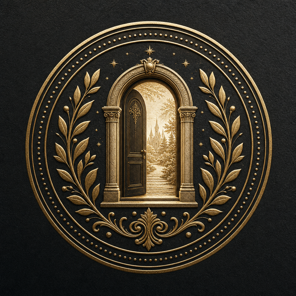 Whimsical World crest — golden archway with laurel wreath